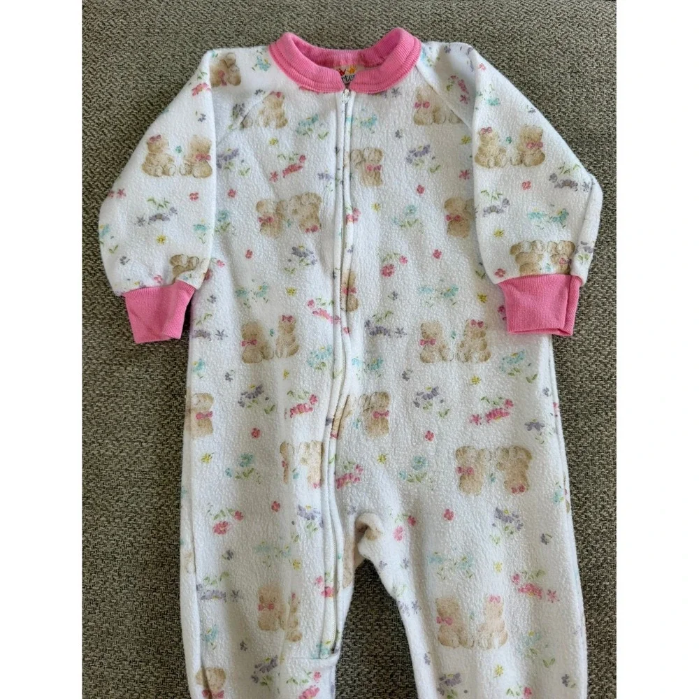 1999 Vintage Carters 18M Fleece Floral Teddy Bear Pattern Footed Sleeper